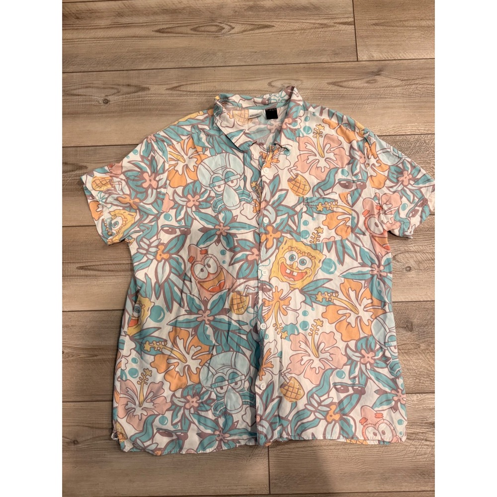 SpongeBob SquarePants Mens XL Tropical‎ Hawaiian Shirt Patrick Squidward Pastel